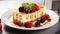 Cheesecake closeup Appetizing breakfast on white background
