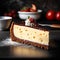 Cheesecake slice on dark background. Slice of tasty cake on white plate served with dessert fork