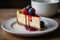 Cheesecake slice with fresh berries on top.