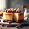 Cheesecake tart with honey, icing sugar, strawberries, blueberries, cheese, and mint leaves topping served with fork on a plate