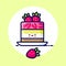 Cheesecake with whipped cream, jelly, strawberry slices and whole strawberry. Yummy dessert Icon. Cute kawaii illustration.