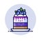 Cheesecake with whipped cream, jelly,  syrup, and whole blueberries. Yummy dessert Icon. Cute kawaii illustration.