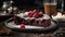 Cheesecake on wooden table. Still life of food. Black forest cake Generative AI