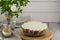 Cheesecake on wooden tray, a beautiful background