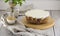 Cheesecake on wooden tray, a beautiful background