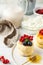 Cheesecakes decorated with fresh berries and honey on a plate. Food photos for dessert and Breakfast menus.