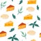 Cheeses seamless pattern. Chunks of cheese. Cheddar, brie, gouda, feta and parmesan, herbs. Slices of delicious cheeses. Perfect