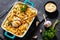 cheesy and creamy chicken and shells pasta bake