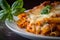 Cheesy and Delicious Baked Ziti Close-up with Golden Brown Cheese Crust and Fresh Basil Garnish