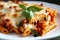Cheesy and Delicious Baked Ziti Close-up with Golden Brown Cheese Crust and Fresh Basil Garnish
