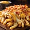 cheesy fries with bacon served on a wooden board