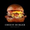 Cheesy meat beef burger isolated on black background with text and copy space
