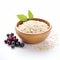 Cheesy Oatmeal Bowl With Berries And Leaf On White Background