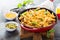 Cheesy pasta bake with ground beef and herbs