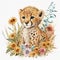 Cheetah cub with flowers isolated on white background. Watercolor illustration