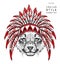 Cheetah in the Indian roach. Indian feather headdress of eagle. Hand draw vector illustration