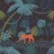 Cheetah and jaguar in the night jungle floral seamless pattern.