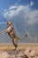 A cheetah jumping in the air in a desert. Generative AI image.