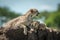 Cheetah lies on mound beside two cubs