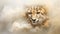 A cheetah materializes amidst light brown smoke, its sleek form blending seamlessly with the mist