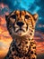 Cheetah portrait on sunset sky background. Digital art painting.