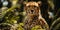 A cheetah sits and watches intently with forest views. High quality photo