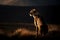 a cheetah sitting in the middle of a field at night time with a mountain in the background and a sunbeam in the foreground