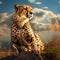 A cheetah is sitting peacefully on a hill alone with sky background
