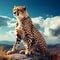 A cheetah is sitting peacefully on a hill alone with sky background