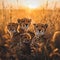 Cheetah standing in the savanna with setting sun shining.