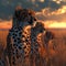 Cheetah standing in the savanna with setting sun shining.