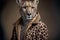 Cheetah wearing fur coat. Concept of eco friendly and cruelty free fashion. Created with Generative AI technology.