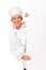 Chef, baker or cook smiling happy holding blank white paper sign