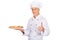 Chef baker with italian pizza showing ok sign