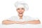 Chef or baker woman showing sign billboard excited