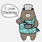 Chef Bear Is Cooking. Brown Bear Wearing An Blue Apron Say `i Love Cooking`.