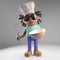 Chef black man with dreadlocks making a cake with bowl and whisk, 3d illustration