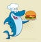 Chef Blue Shark Cartoon Mascot Character Holding A Big Burger