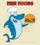 Chef Blue Shark Cartoon Mascot Character Holding A Big Burger