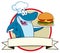 Chef Blue Shark Cartoon Mascot Character Holding A Big Burger Over A Ribbon Banner