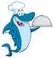 Chef Blue Shark Cartoon Mascot Character Holding A Platter.