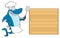 Chef Blue Shark Cartoon Mascot Character Licking His Lips And Holding A Spatula To Wooden Blank Board