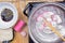 Chef boiling kamaboko & x28;fish cake& x29; in pot