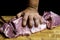 Chef Butcher cutting pork meat, knife on kitchen wooden board, cooking food