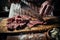 Chef butcher cutting raw beef meat on on wooden board in kitchen. Fresh raw beef steak sirloin with rosemary. generative ai