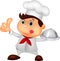 Chef cartoon holding a metal food platter and thumb up