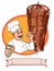 Chef characters cartoon and okay and with doner bread and dÃ¶ner circle background and banner character white background