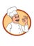 Chef characters and okay hand and circle background and black white colors and speech bubble white background