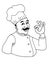 Chef characters and okay hand and circle background and black white colors and speech bubble white background