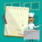 Chef charcter with recipe paper and pen. kitchenroom -